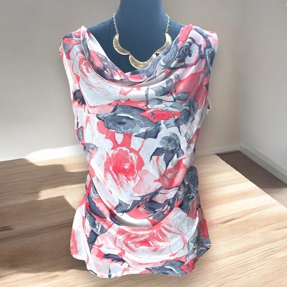 Express Women's Medium Pink Coral Floral Sheer Print Cowl Neck Pullover Tank Top - Picture 1 of 10